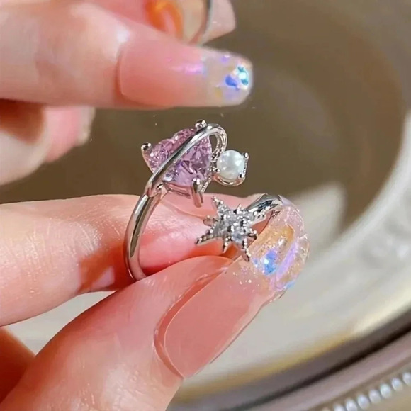 Silver Pink heart Star Burst Cuff Ring - Picture 1 of 3